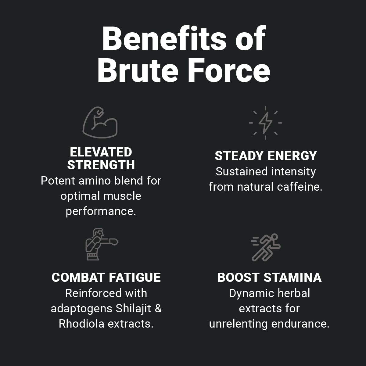 Wilderness Athlete Brute Force strong-muscle imagery conveys stamina benefits.
