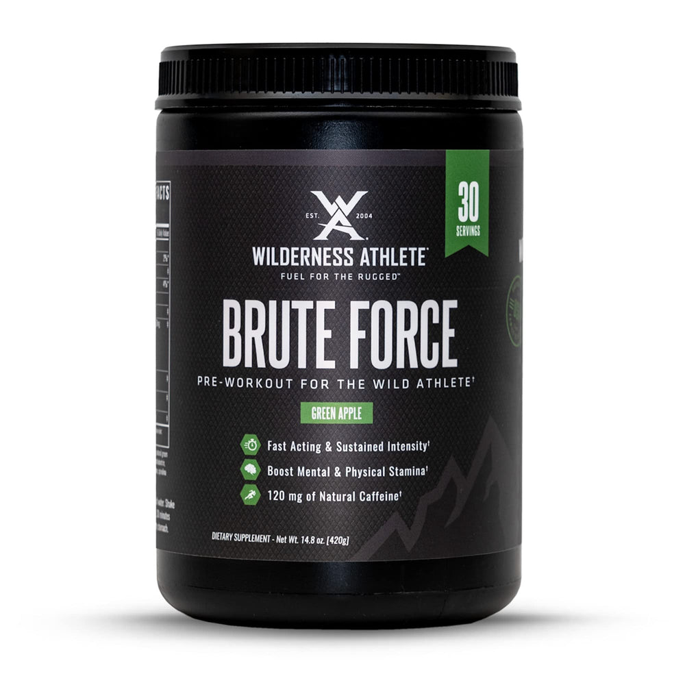 Wilderness Athlete Brute Force tub front showing green apple pre-workout label and branding for endurance.