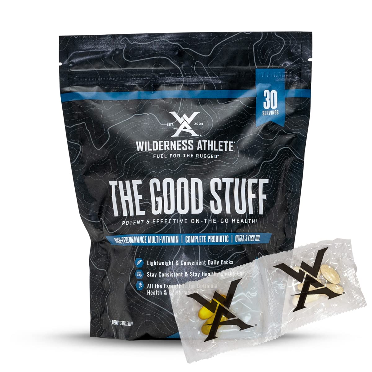 Wilderness Athlete daily vitamin pack bottle for on-the-go nutrition.