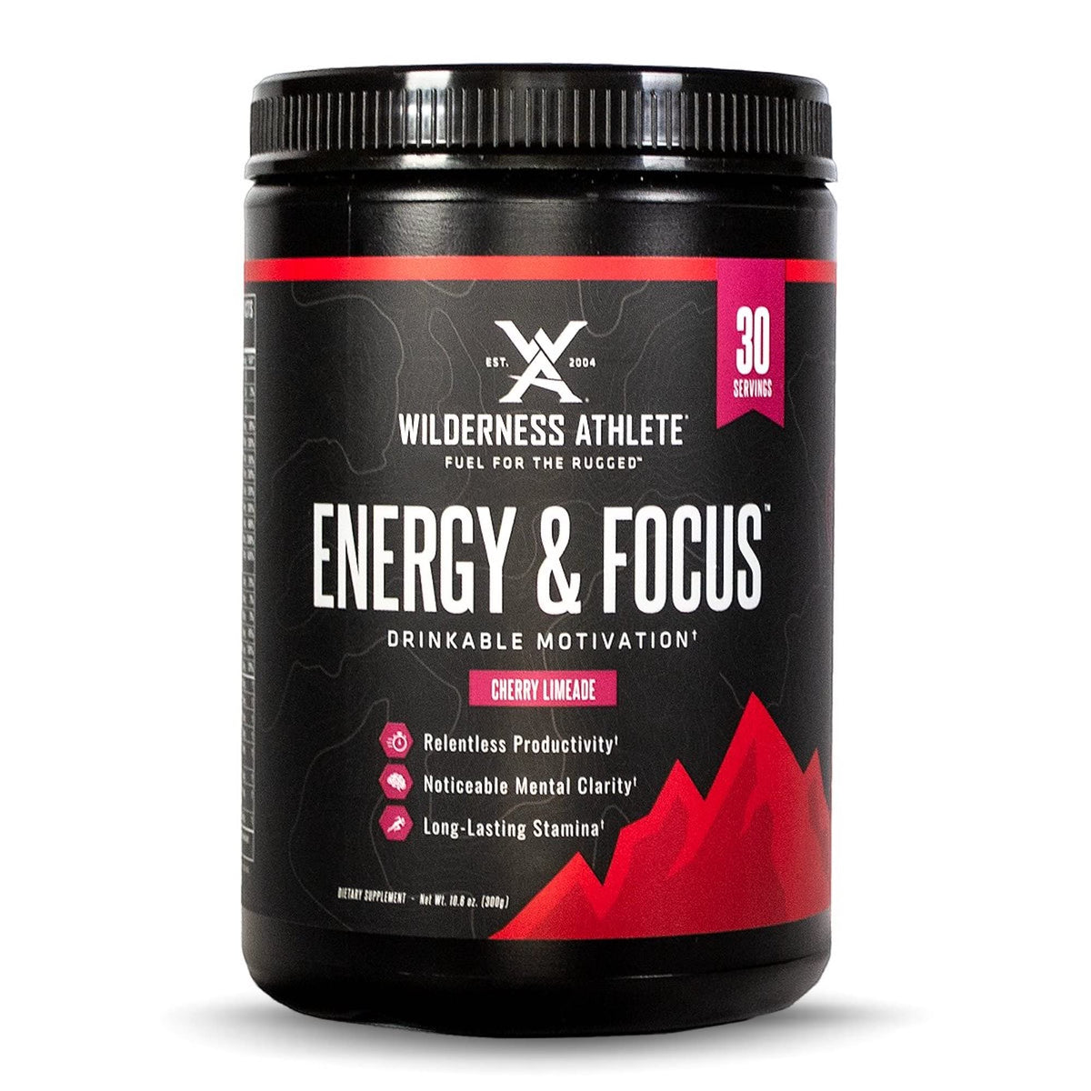 Wilderness Athlete Energy and Focus cherry limeade tub front view for quick motivation.