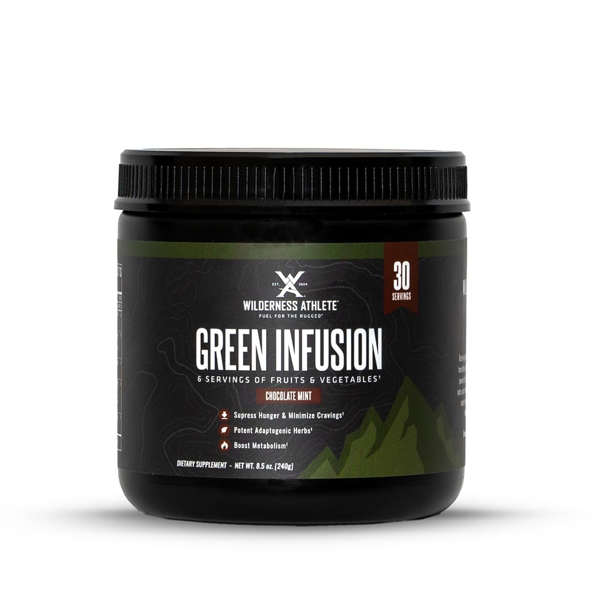 Wilderness Athlete Green Infusion tub front showing chocolate mint blend for daily greens and energy.