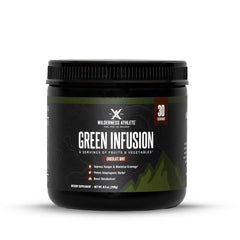 Wilderness Athlete Green Infusion tub front showing chocolate mint blend for daily greens and energy.