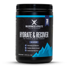 Wilderness Athlete Hydrate & Recover blue raspberry tub ready for hydration during workouts.