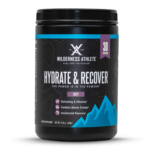 Wilderness Athlete Hydrate & Recover front label with grape flavor, ideal for daily hydration.
