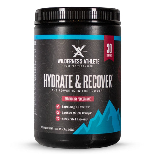 Wilderness Athlete Hydrate & Recover tub with strawberry pomegranate flavor for workout hydration.