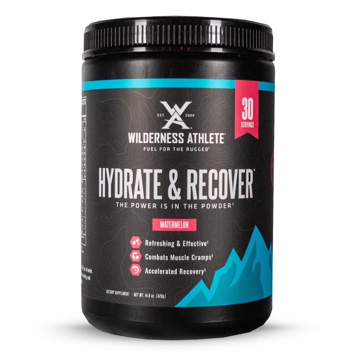 Wilderness Athlete Hydrate & Recover bottle in Watermelon flavor for workout hydration.