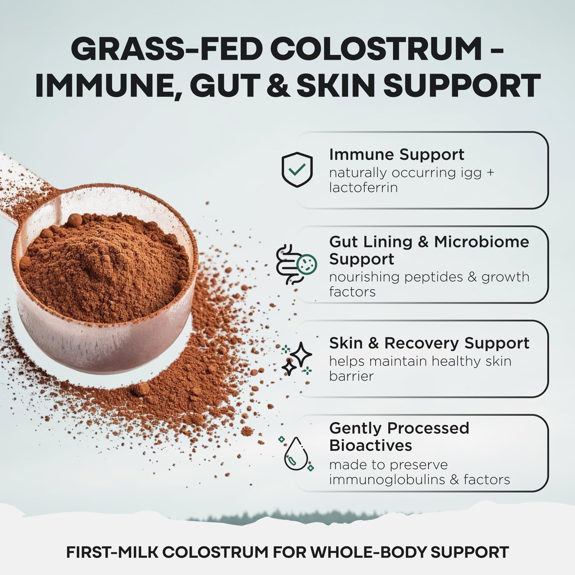 Wild Foods Colostrum powder scoop ready for daily mixing.