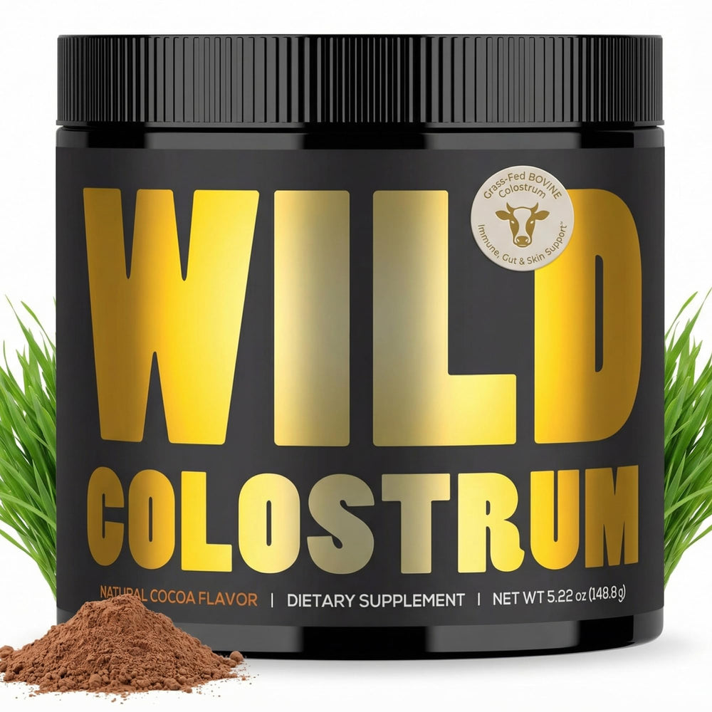 Wild Foods Colostrum powder tub with high IgG for immune support.