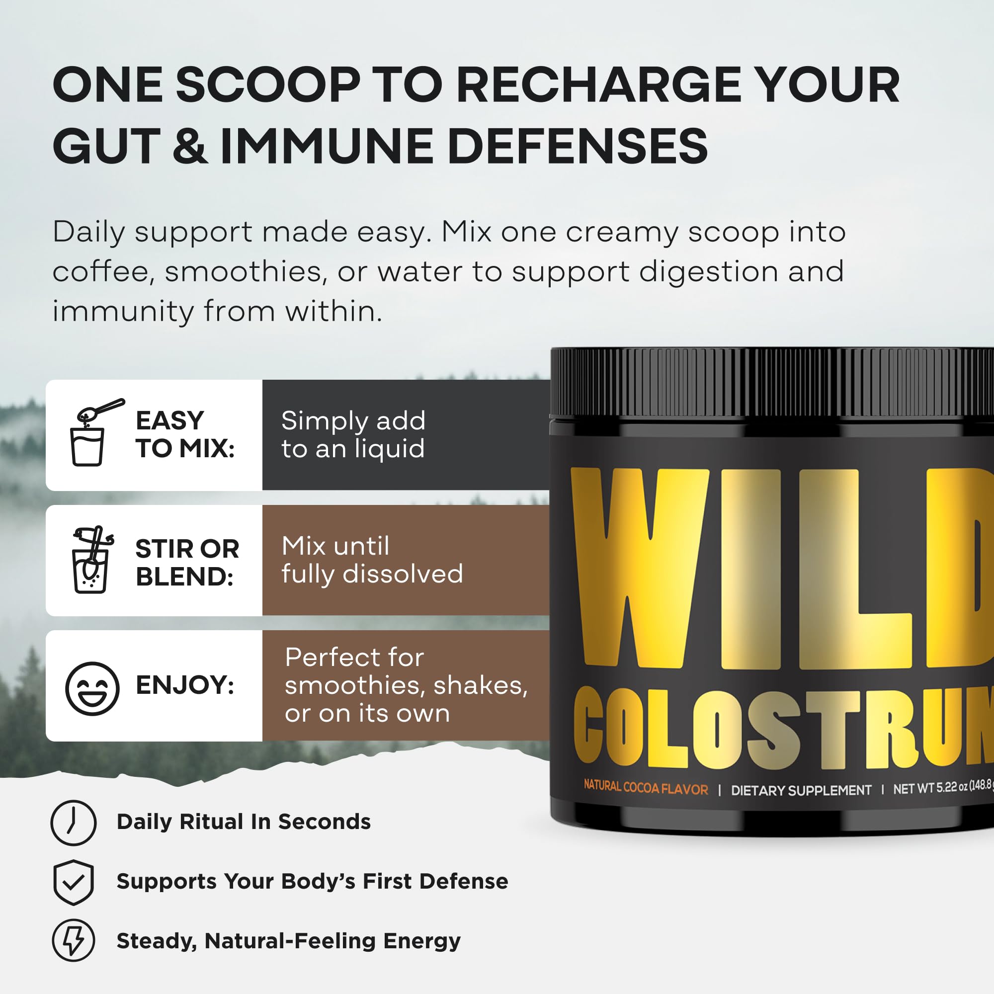 Wild Foods IgG content badge highlighted on packaging.
