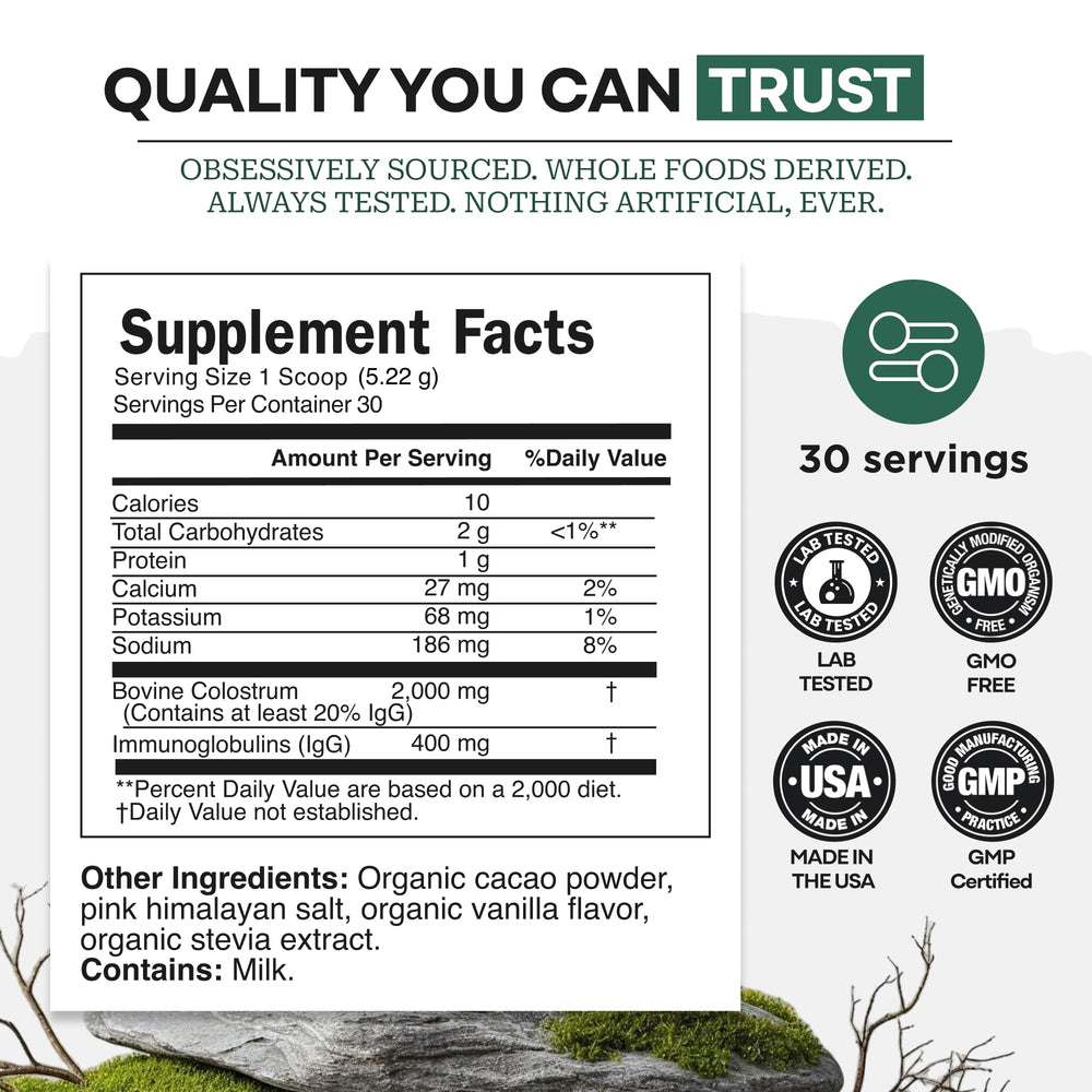 Wild Foods natural cacao flavour label indicating sugar-free formula.