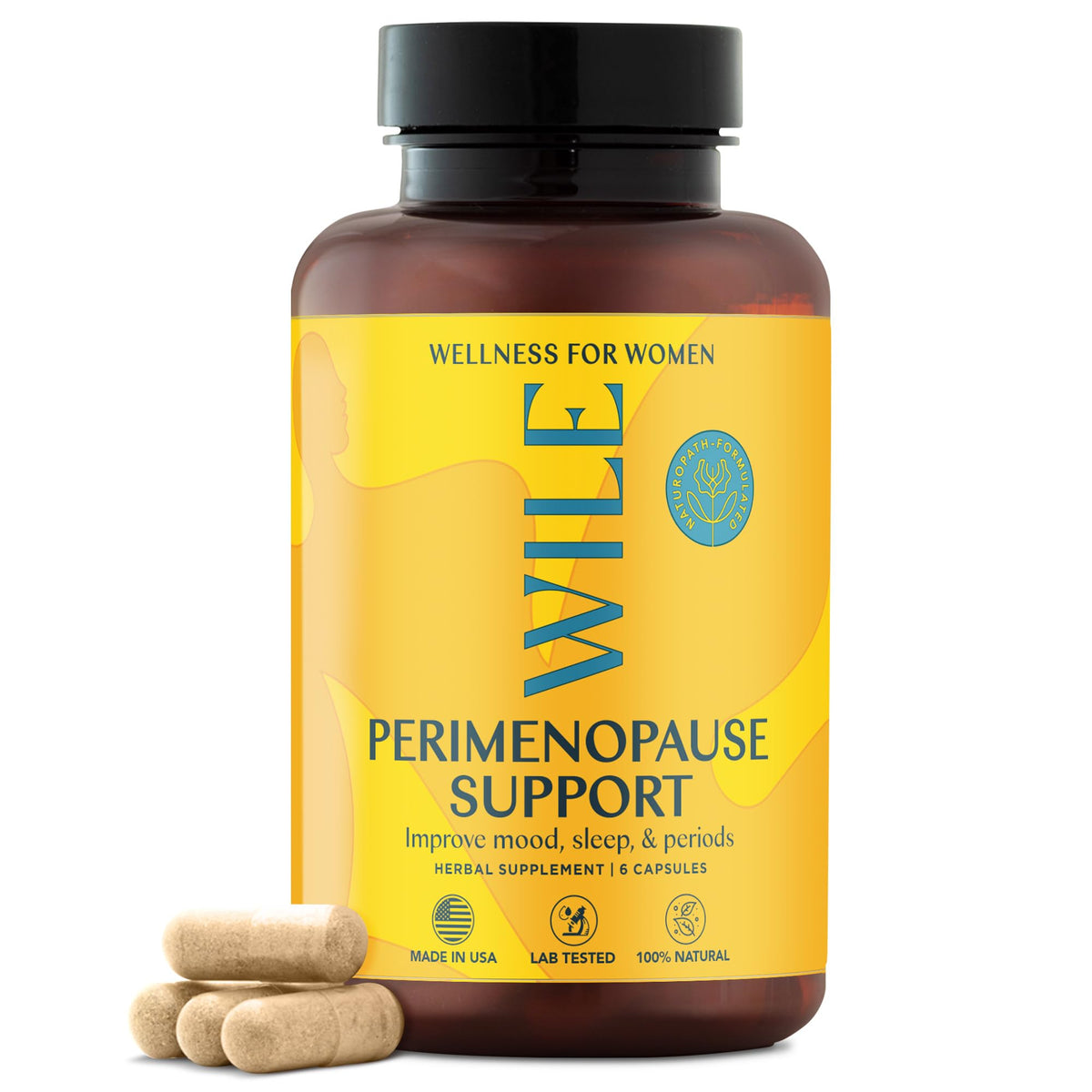 WILE Menopause ashwagandha bottle front view suggesting sleep support and balance.