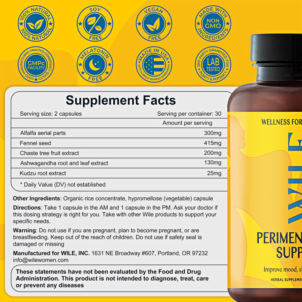 WILE Menopause herbal blend bottle label detail emphasizes natural ingredients.