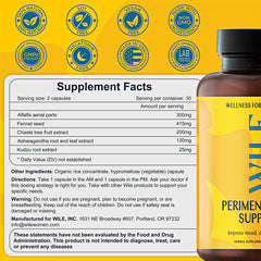 WILE Menopause herbal blend bottle label detail emphasizes natural ingredients.