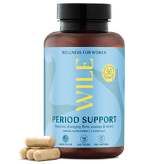 WILE menopause supplements bottle pour showing the product and potential balance support for midlife.