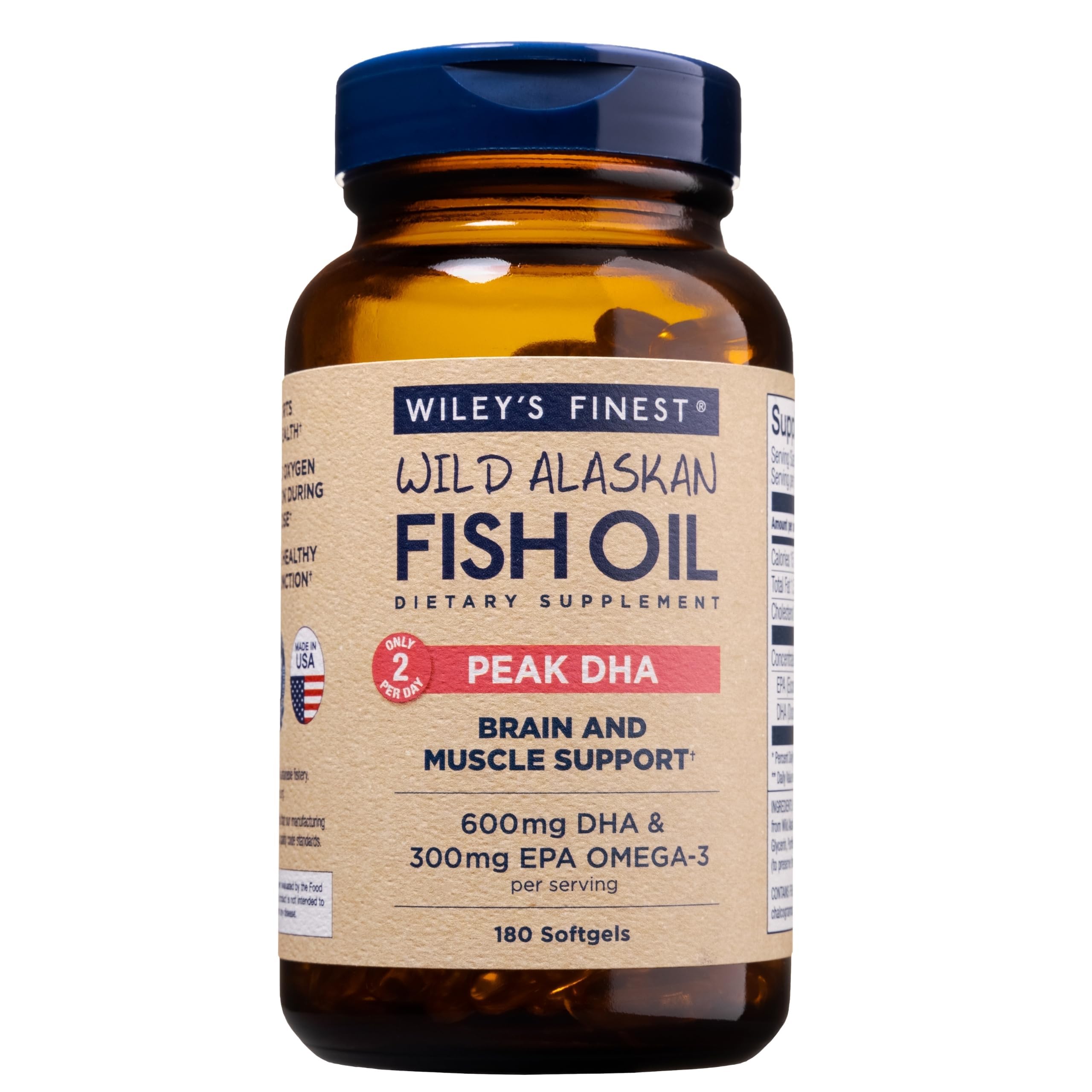 Wiley's Finest Peak DHA bottle displaying 900mg omega-3 potency.