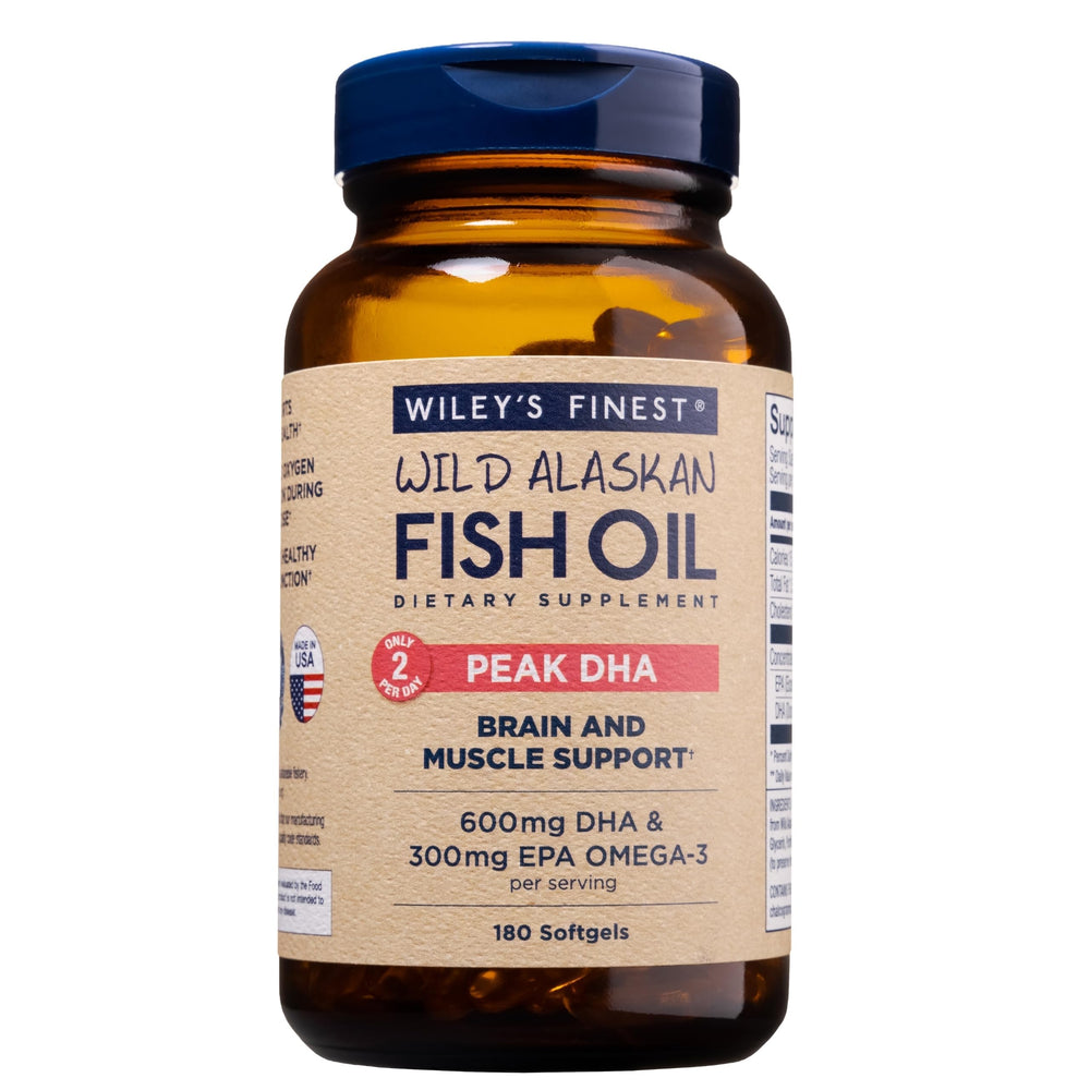 Wiley's Finest Peak DHA bottle displaying 900mg omega-3 potency.