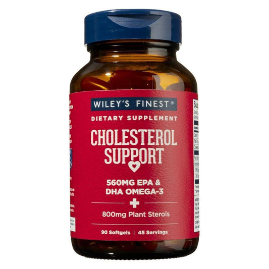 Wiley's Finest Wild Alaskan Fish Oil Cholesterol Support bottle front with 90 softgels for heart health support.