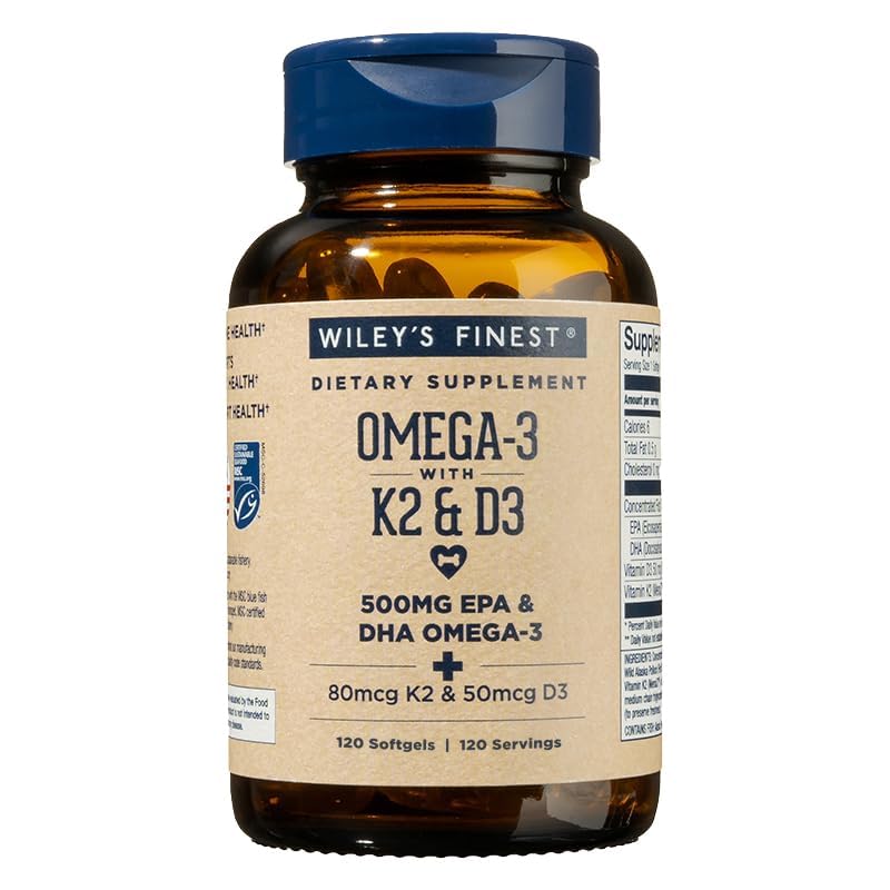 Wiley's Finest wild Alaskan fish oil K2 D3 softgels bottle for daily omega-3 support