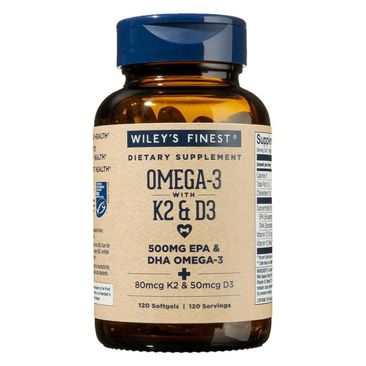 Wiley's Finest wild Alaskan fish oil K2 D3 softgels bottle for daily omega-3 support