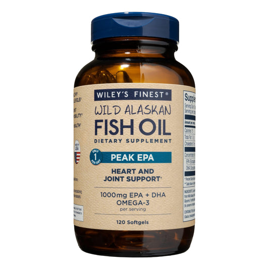 Wiley's Finest Peak EPA bottle with 120 softgels for daily omega-3 intake.
