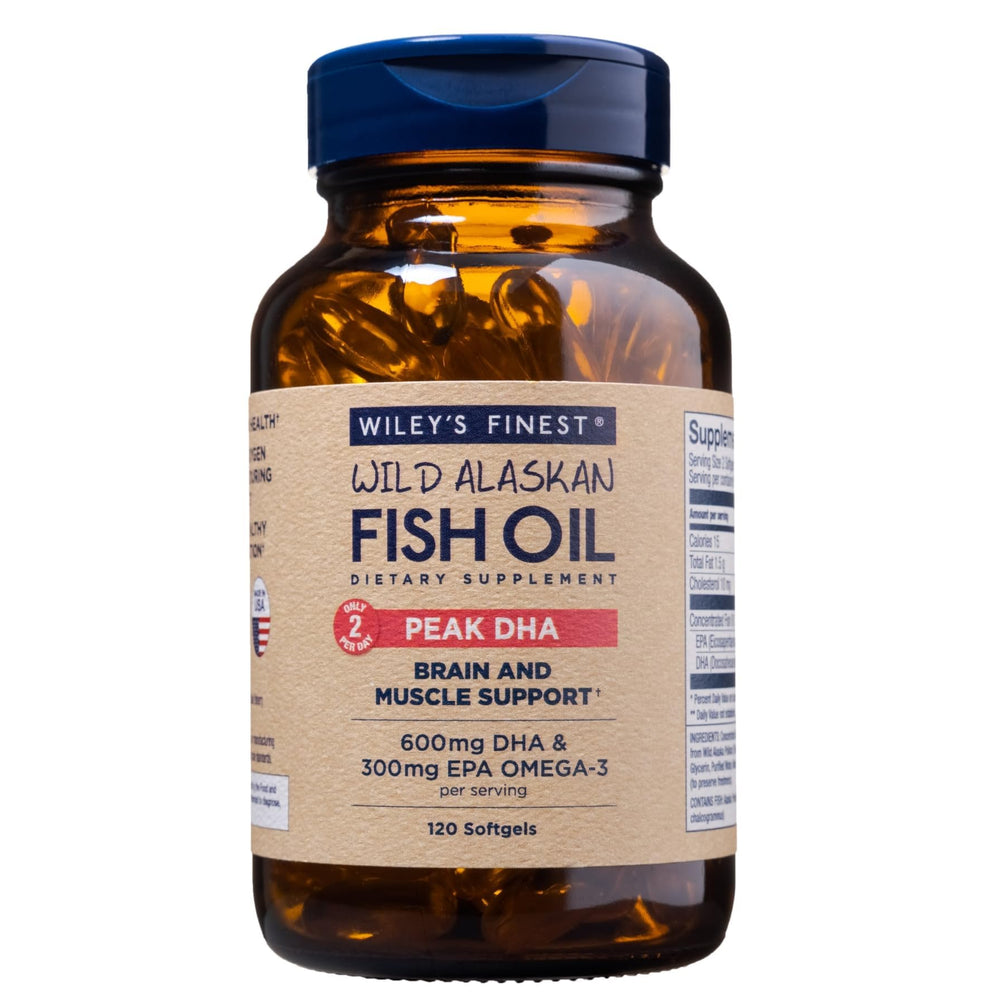 Wiley's Finest Peak DHA bottle front highlights wild Alaskan omega-3 for daily support