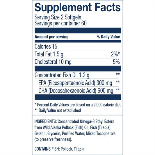 Wiley's Finest prenatal DHA bottle with two softgels per serving.