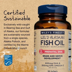 Bottle pour shot of Wiley's Finest Prenatal DHA softgels for daily use