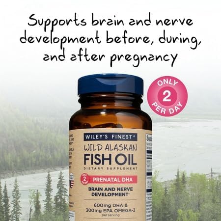 Label emphasizes 600 mg DHA and 300 mg EPA per serving for Wiley's Finest Prenatal DHA