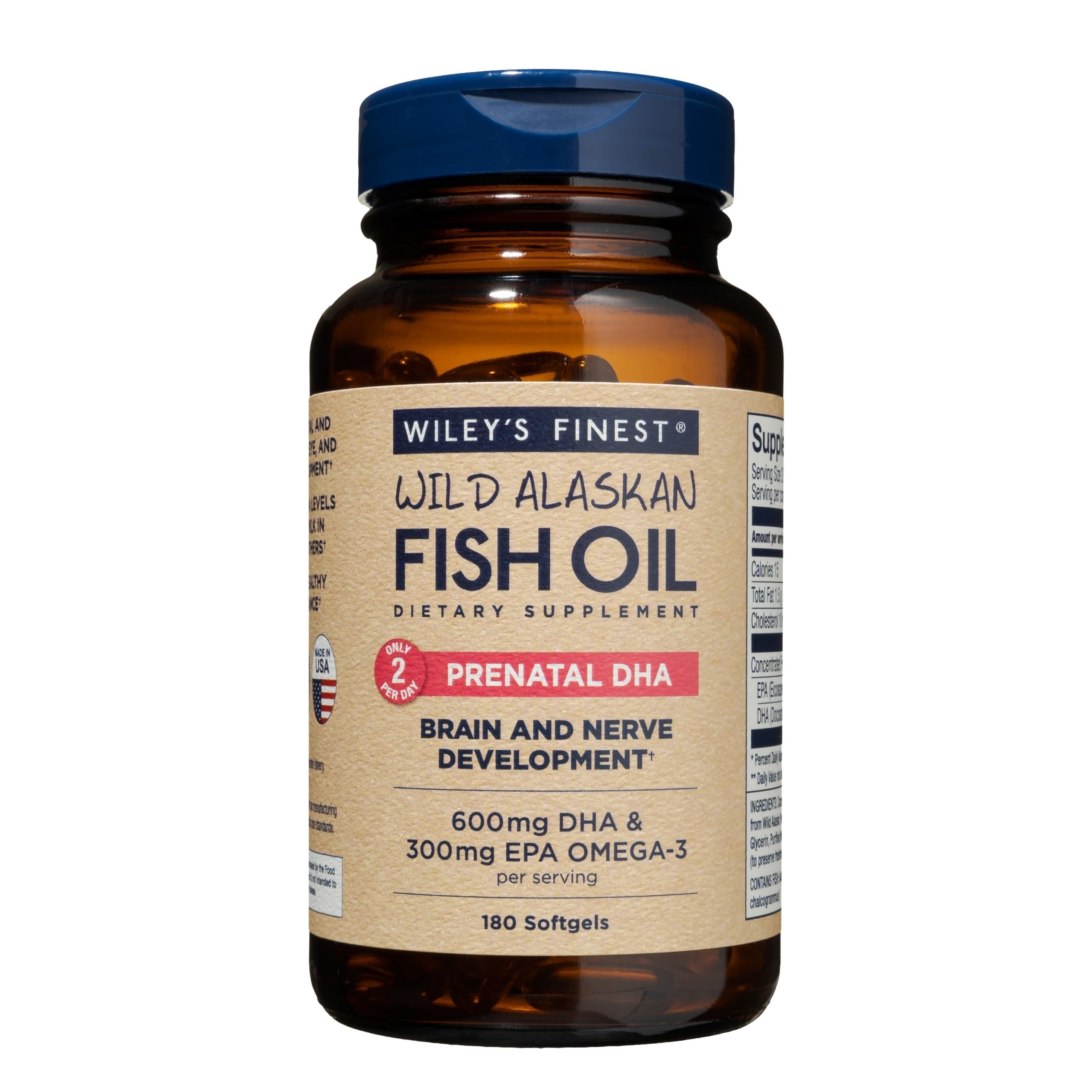 Wiley's Finest Prenatal DHA softgel bottle shown for mom and baby omega-3 support