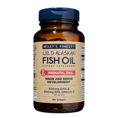 Wiley's Finest Prenatal DHA softgel bottle shown for mom and baby omega-3 support