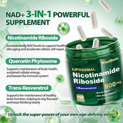 Windboss clean-label NAD+ formula, non-GMO and free from gluten and soy.