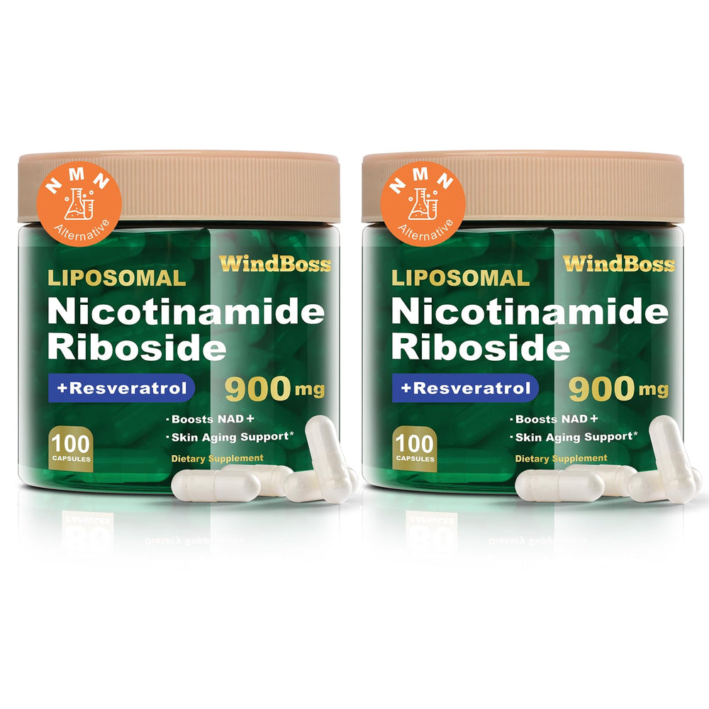 Windboss liposomal NAD+ supplement packaging, sleek bottle for daily use.