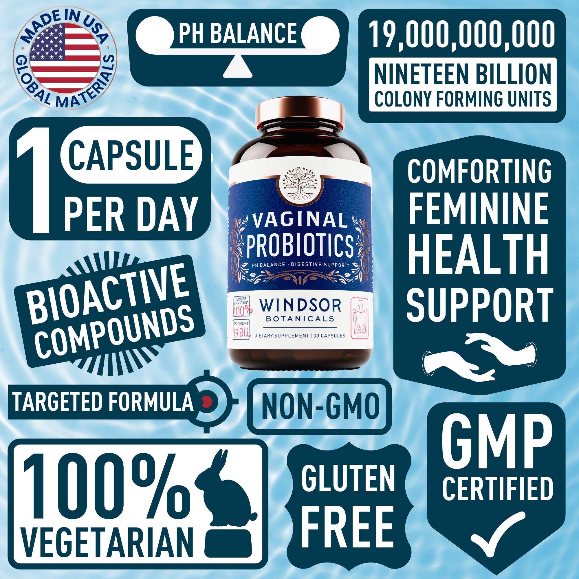 WINDSOR BOTANICALS 15-strain probiotic label shows diverse flora support.