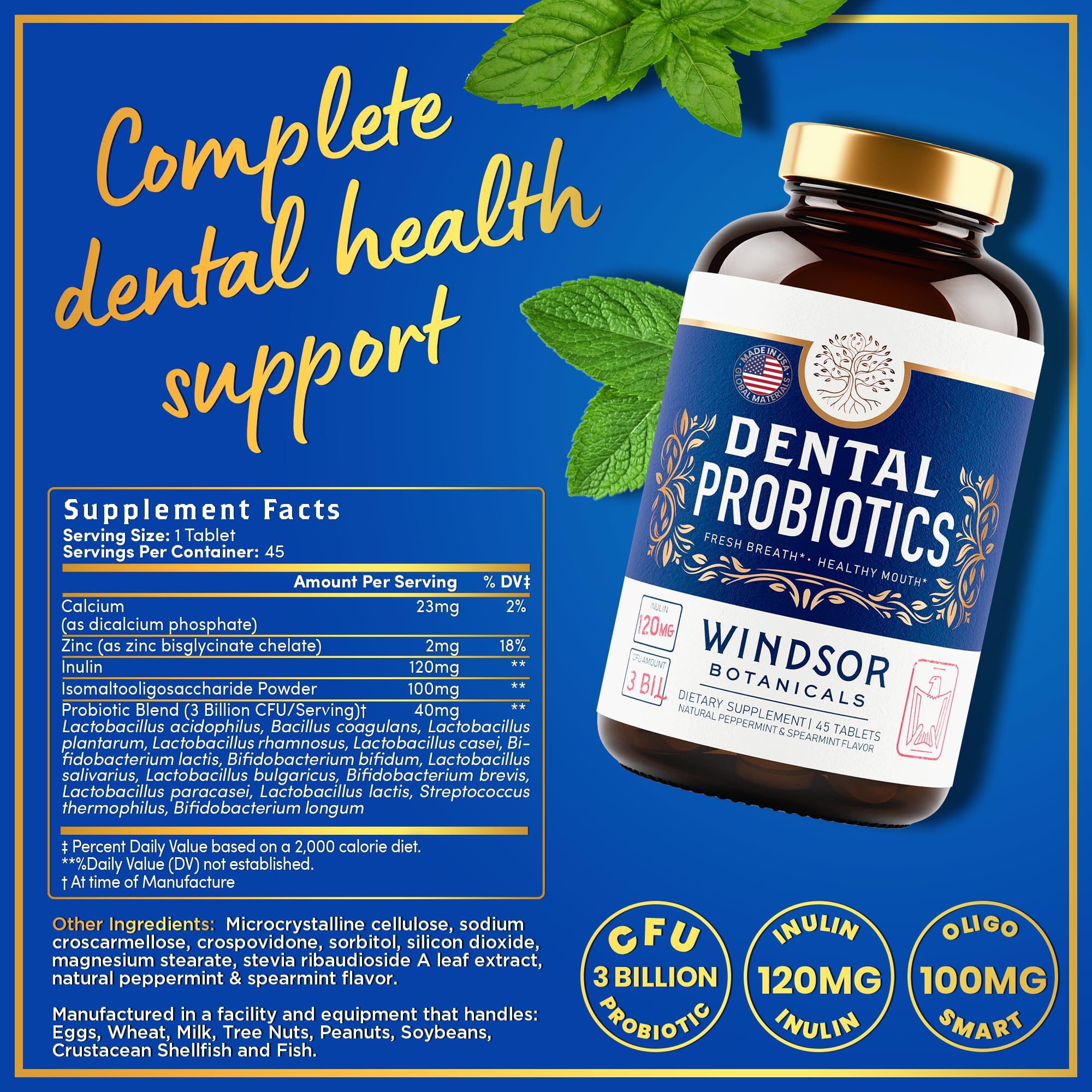 Windsor Botanicals 3BN CFU tablet zoom highlights potency for gums
