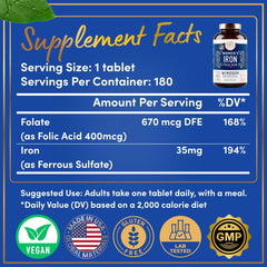 WINDSOR BOTANICALS bottle with tablets for easy daily iron and folic acid intake