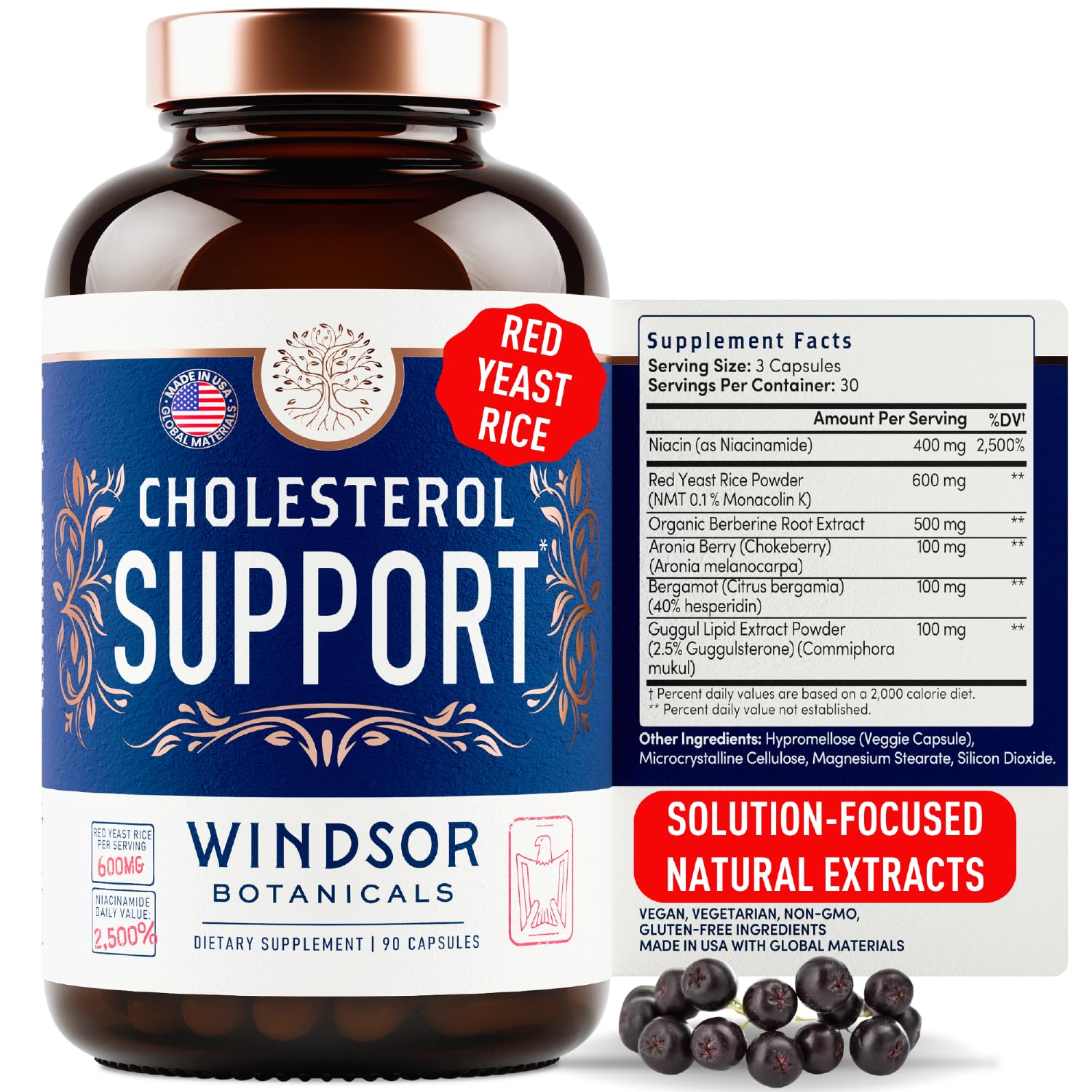 Windsor Botanicals cholesterol supplement bottle front, vegan capsules for heart health support
