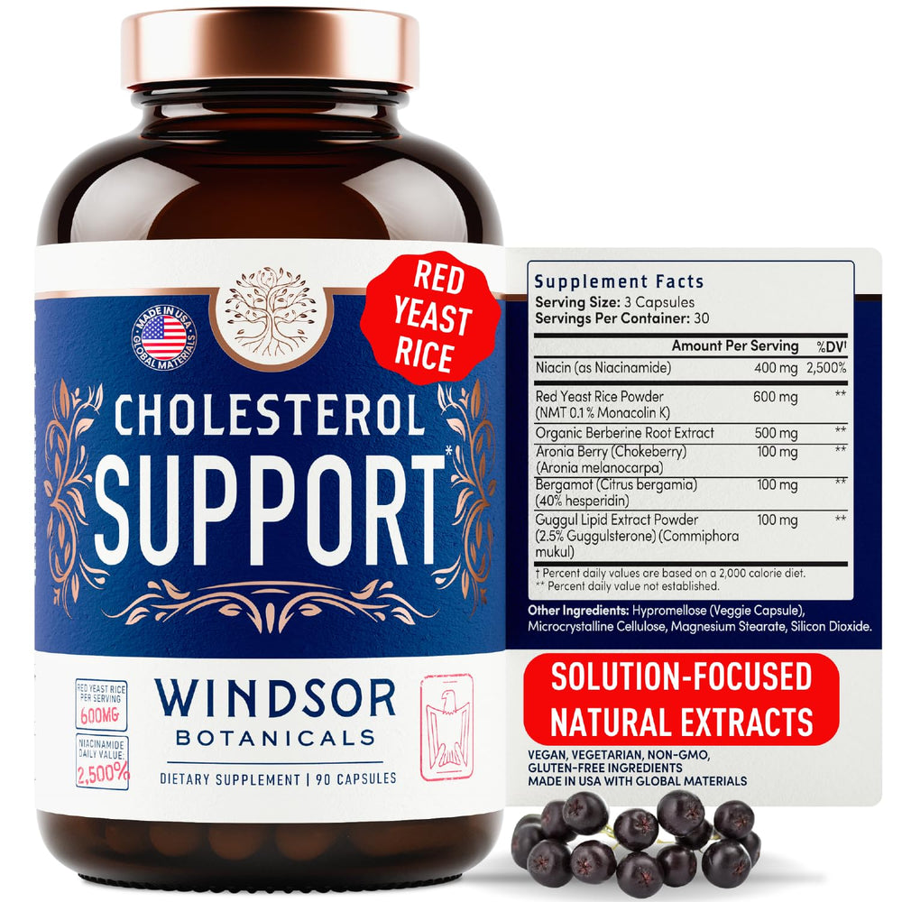 Windsor Botanicals cholesterol supplement bottle front, vegan capsules for heart health support