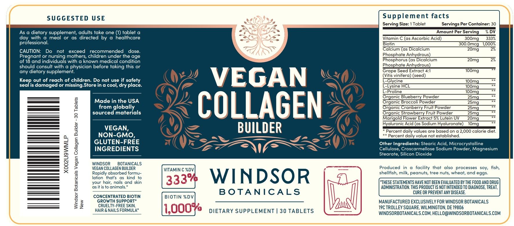Close-up bottle of Windsor Botanicals vegan collagen supplements for daily beauty support