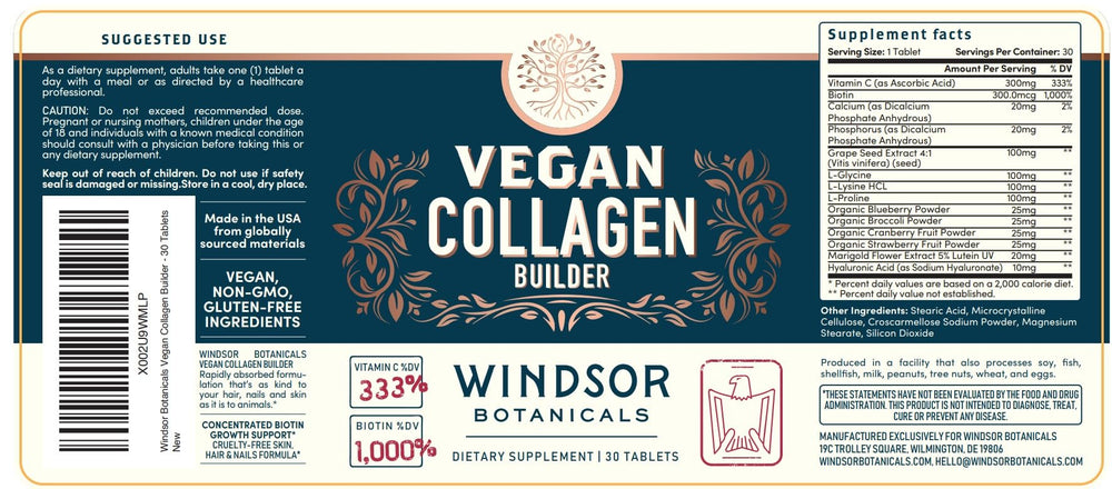 Close-up bottle of Windsor Botanicals vegan collagen supplements for daily beauty support