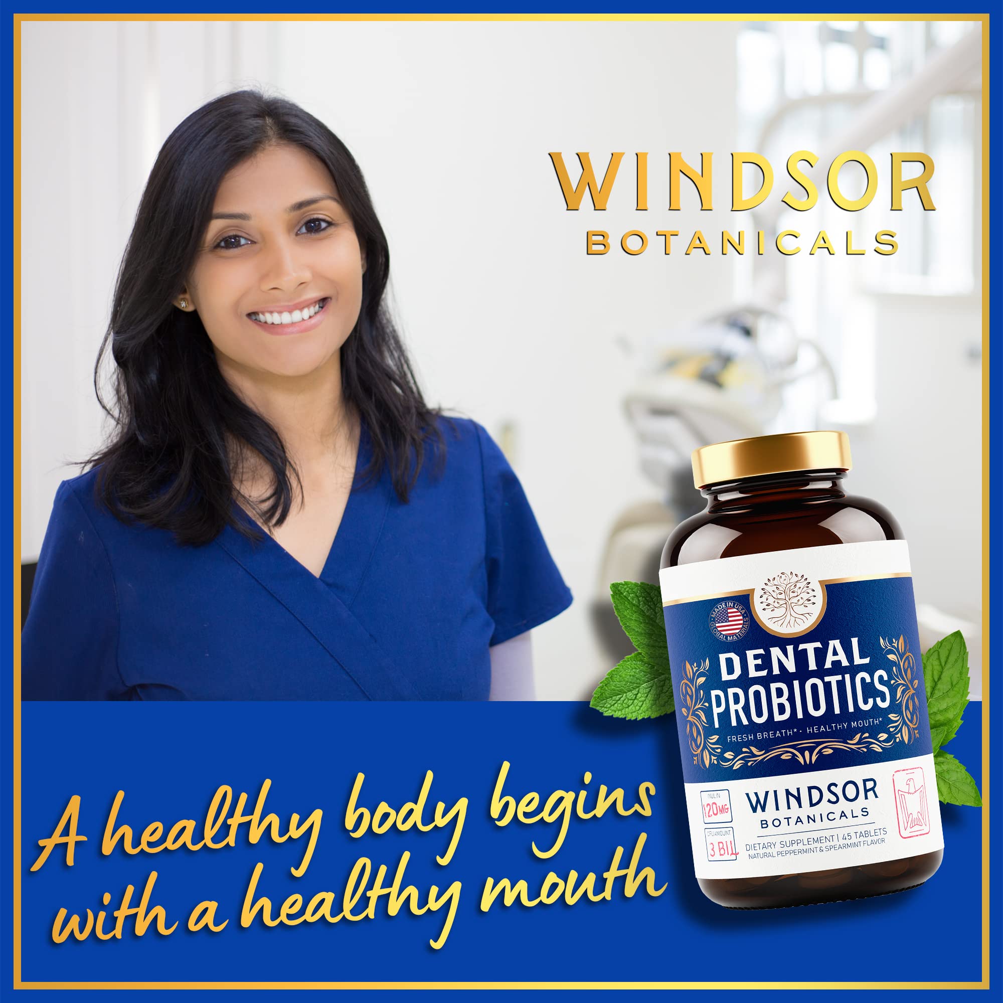 Windsor Botanicals dental probiotic bottle shown for daily oral wellness