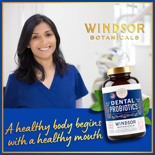 Windsor Botanicals dental probiotic bottle shown for daily oral wellness
