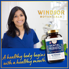 Windsor Botanicals dental probiotic bottle shown for daily oral wellness
