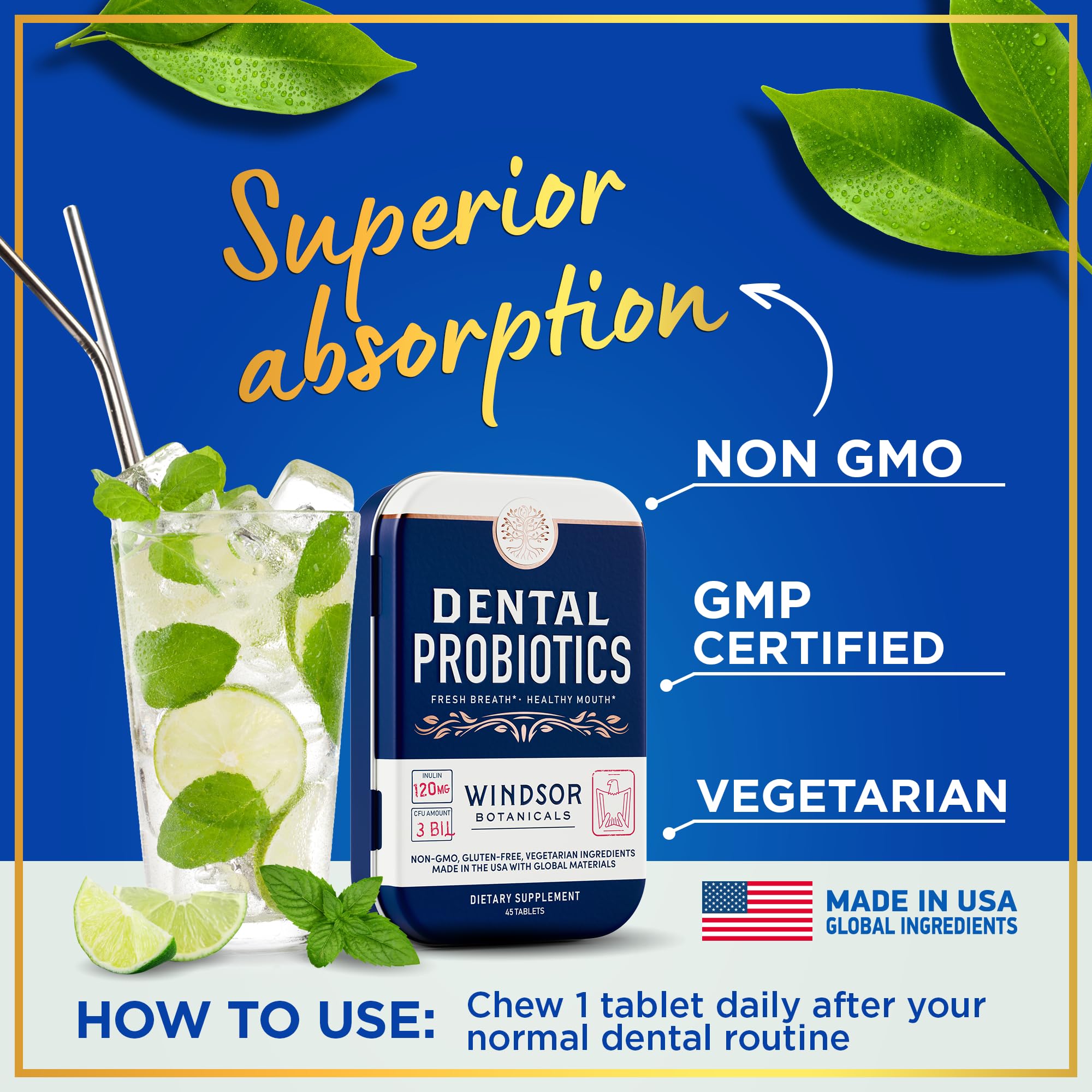 Windsor Botanicals packaging of dental probiotics highlighting travel-friendly design