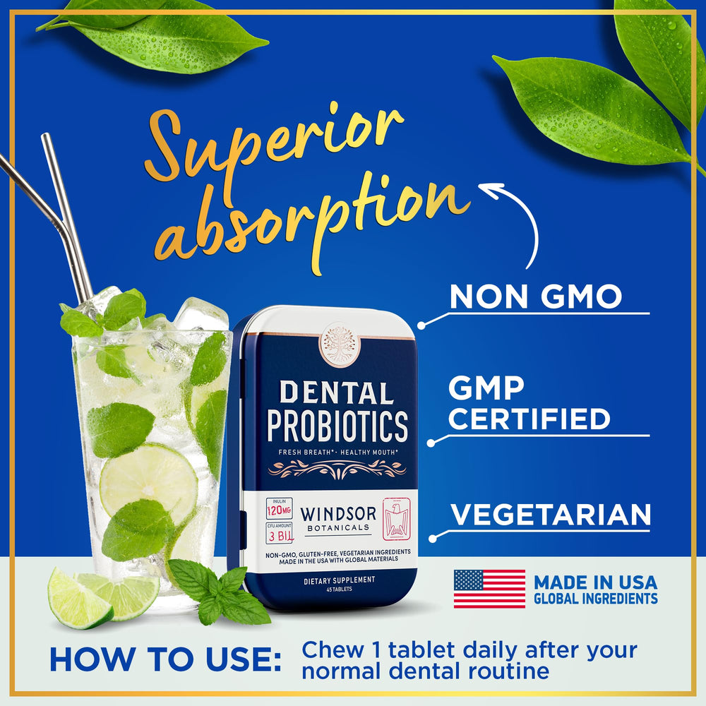 Windsor Botanicals packaging of dental probiotics highlighting travel-friendly design