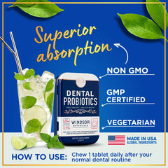 Windsor Botanicals packaging of dental probiotics highlighting travel-friendly design