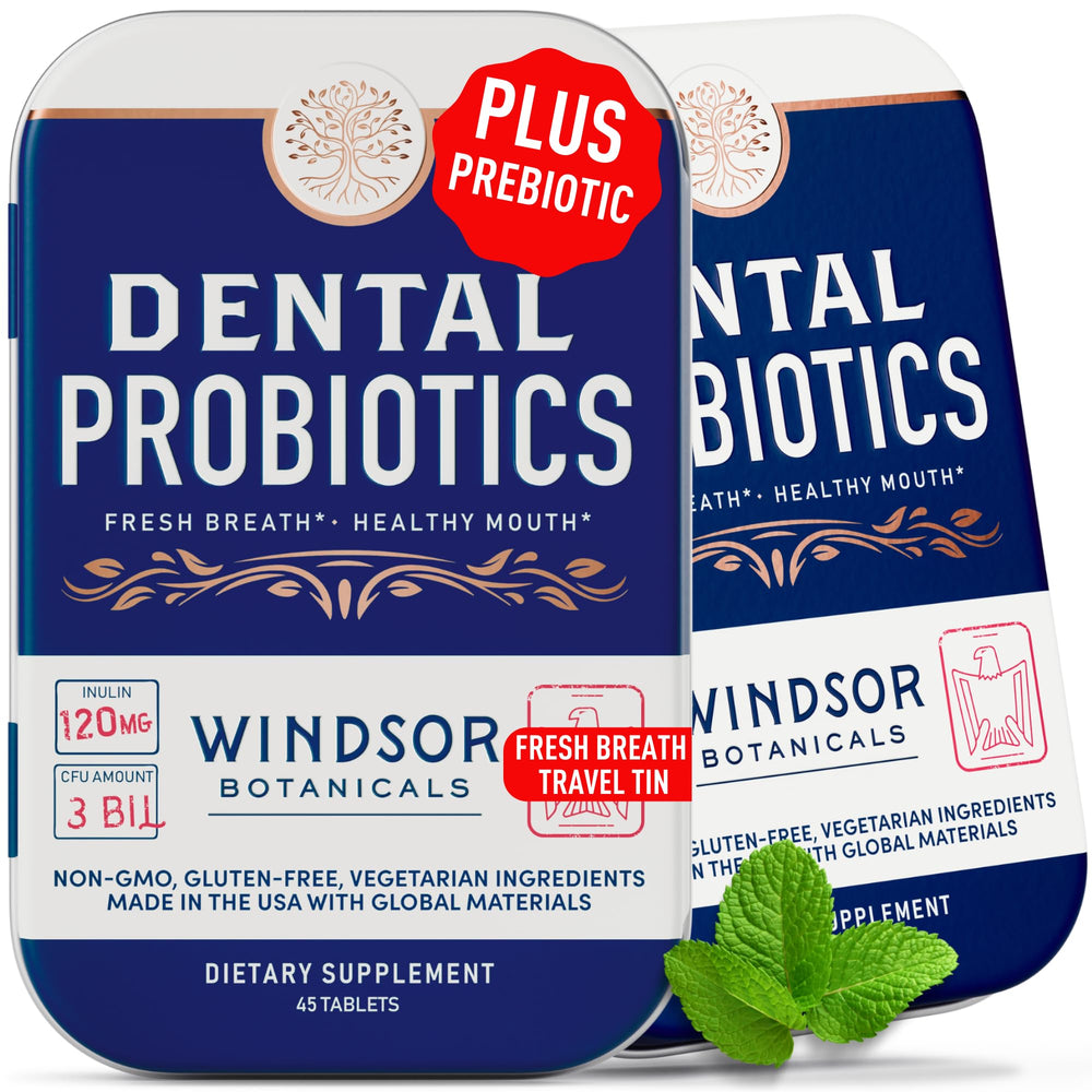 Windsor Botanicals dental probiotics travel tin promotes fresh breath on the go