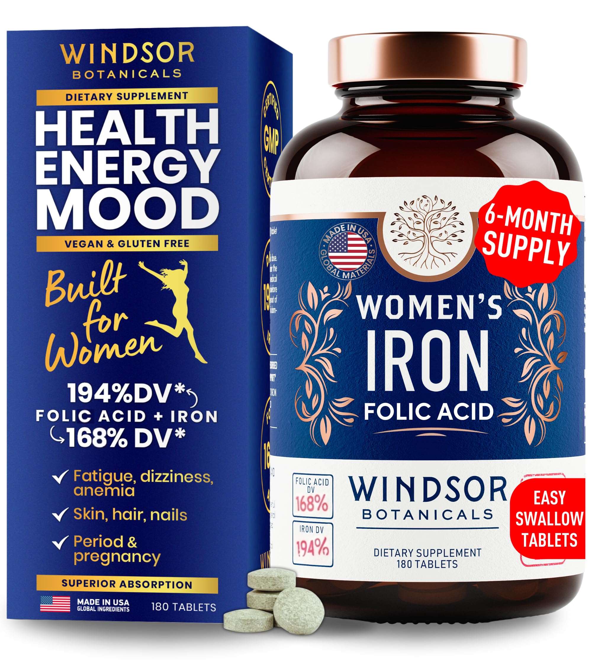 WINDSOR BOTANICALS iron tablets bottle showing 180-count daily support