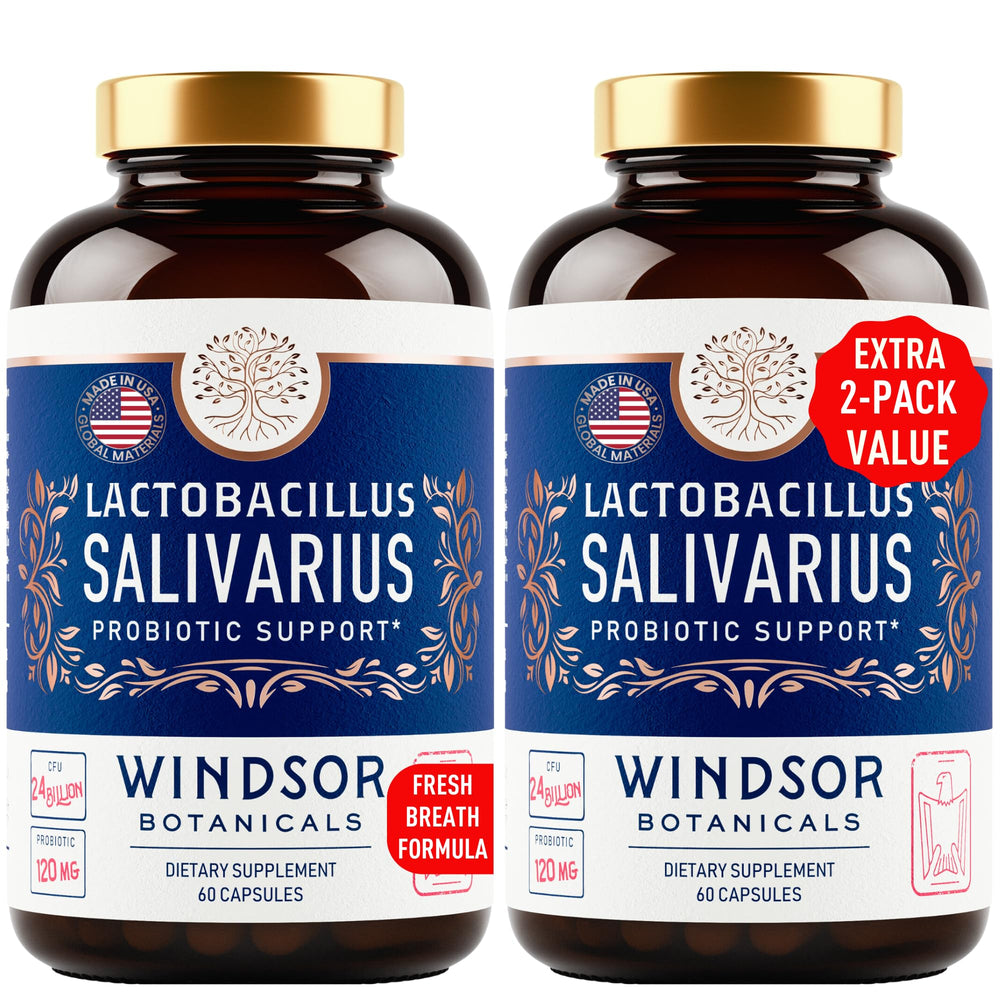 Windsor Botanicals Lactobacillus Salivarius bottle shown for daily oral probiotic use.