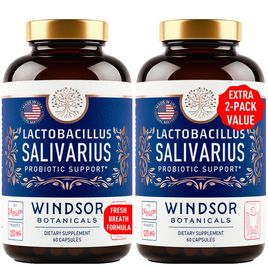Windsor Botanicals Lactobacillus Salivarius bottle shown for daily oral probiotic use.