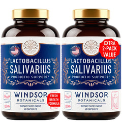 Windsor Botanicals Lactobacillus Salivarius bottle shown for daily oral probiotic use.